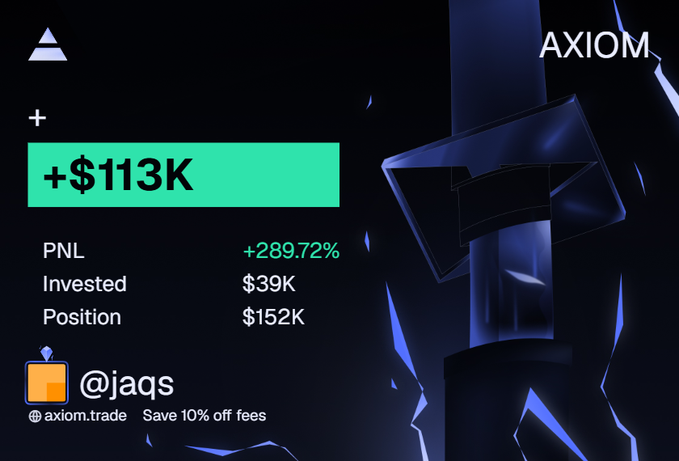 A dark-themed promotional graphic for AXIOM showing a profit of +$113K with a +289.72% PNL on a $39K investment yielding a $152K position, tagged @jaqs with axiom.trade link.