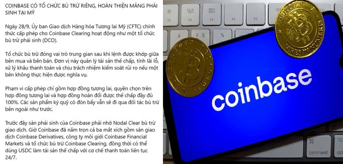 Vietnamese text article about Coinbase being granted a Derivatives Clearing Organization (DCO) license by the CFTC, shown alongside a smartphone displaying the 'coinbase' logo and two Bitcoin tokens.