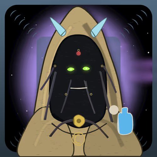 A digital illustration of a hooded creature with glowing green eyes and light blue horns against a dark purple cosmic background, holding a small blue bottle.