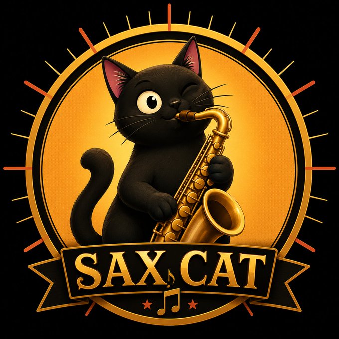 A logo design featuring a black cat playing a saxophone with one eye winked, set against a yellow sunburst background with a banner reading 'SAX CAT' and music notes below.