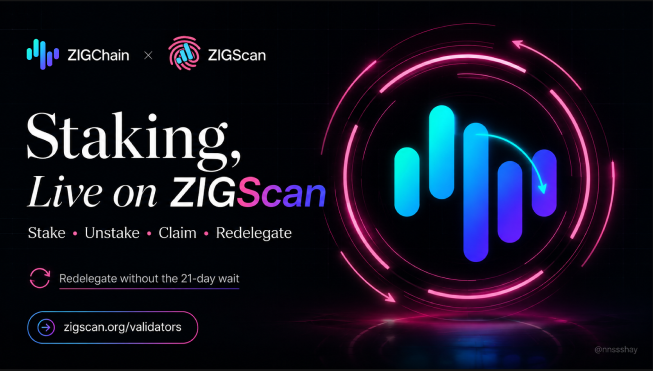 A promotional advertisement for ZIGChain and ZIGScan announcing 'Staking, Live on ZIGScan' with options to stake, unstake, claim, and redelegate at zigscan.org/validators.