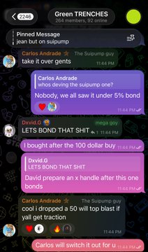 A screenshot of a Telegram group chat called 'Green TRENCHES' with 2246 members, featuring pinned messages and conversation about bonds, with timestamps from 11:44 PM.