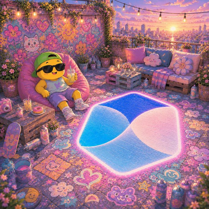 A whimsical digital illustration of a yellow cartoon character wearing sunglasses and a backwards cap, lounging in a pink beanbag on a rooftop terrace with a neon lip-shaped pool, graffiti walls, and a sunset city skyline in the background.
