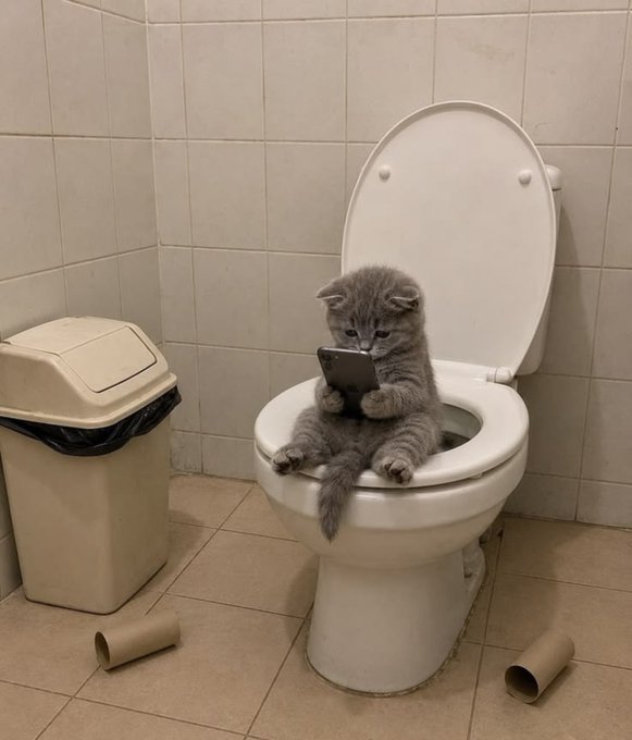 A gray cat sits on an open toilet in a tiled bathroom, holding a small phone or tablet, with two cardboard tubes on the floor.