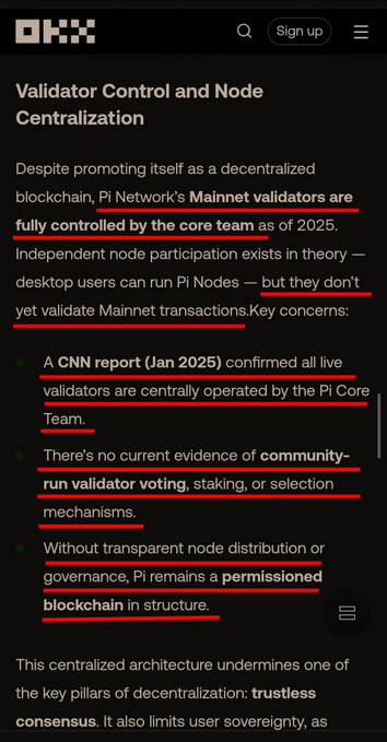 Article titled 'Validator Control and Node Centralization' on the OKX platform criticizing Pi Network's Mainnet validators, stating they are 'fully controlled by the core team' and lack community-run voting, making it a 'permissioned blockchain in structure.'