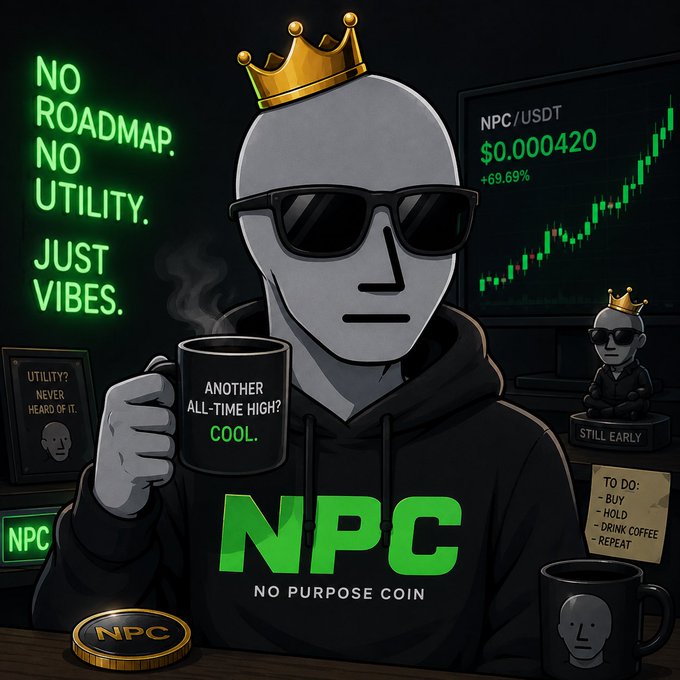 A cartoon-style illustration promoting a cryptocurrency called "NPC - NO PURPOSE COIN", featuring a gray character with sunglasses and a crown holding a mug that says "ANOTHER ALL-TIME HIGH? COOL.", with text reading "NO ROADMAP. NO UTILITY. JUST VIBES." and a chart showing NPC/USDT at $0.000420, up +69.69%.