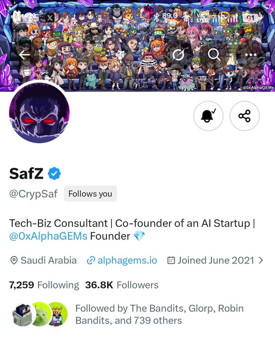 X profile page for 'SafZ' (@CrypSaf), a Tech-Biz Consultant and Co-founder of an AI Startup based in Saudi Arabia, showing 36.8K Followers and a banner featuring numerous cartoon characters.