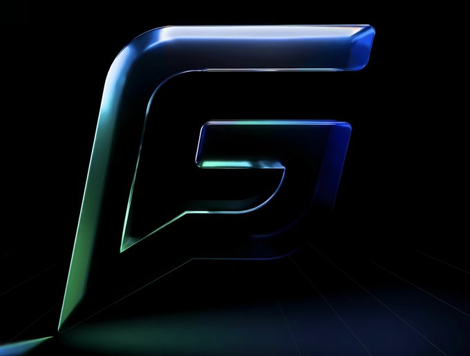 A stylized 3D metallic logo resembling the letter 'F' or 'P' with green and blue lighting against a dark background.