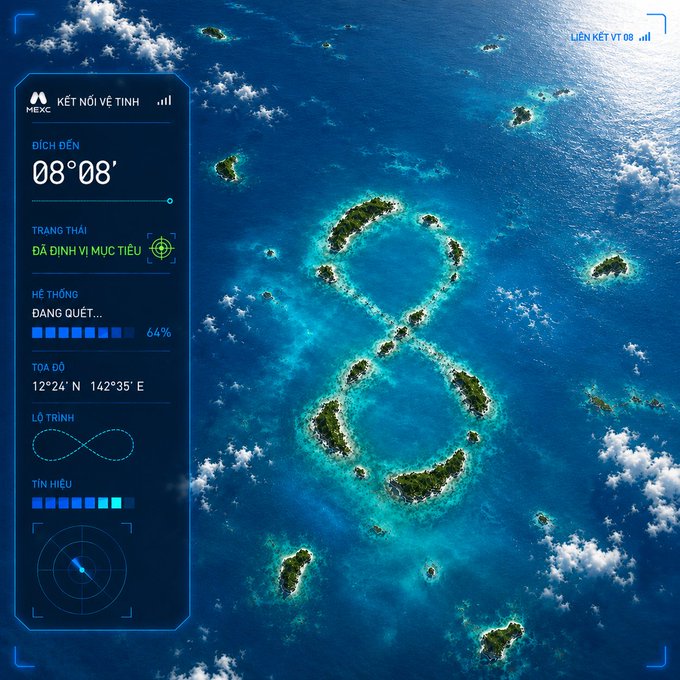 An aerial view of tropical islands forming an infinity symbol in turquoise water, overlaid with a futuristic HUD displaying 'LIÊN KẾT VT 08' and coordinates '12°24' N 142°35' E'.