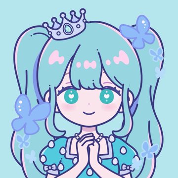 A cute anime-style illustration of a girl with long turquoise hair, a tiara, and a polka-dot dress, with her hands clasped together and small blue butterflies around her.
