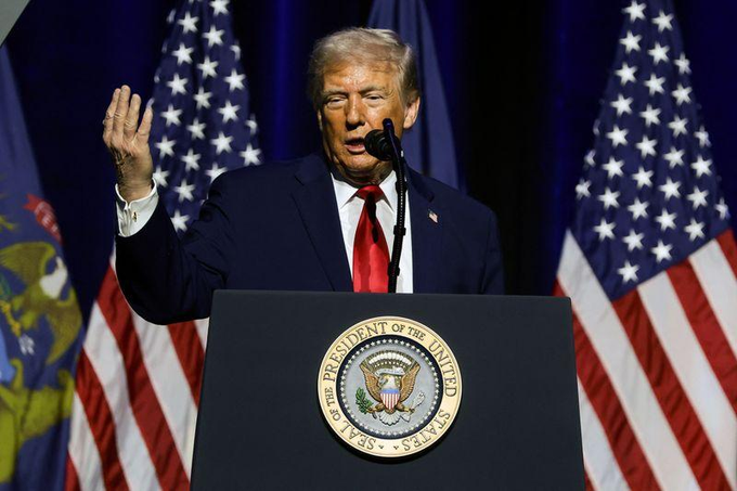 Donald Trump speaks at a podium with the Presidential Seal, under American flags at an event. This image accompanies a post about "Events to watch today," likely featuring Trump's speech as a featured event.