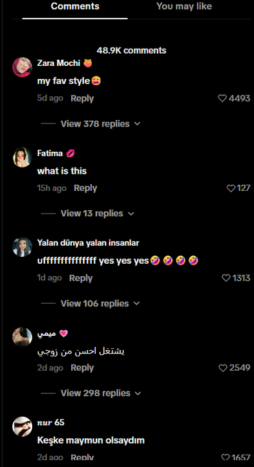 A screenshot of social media comments on a dark interface, including "Zara Mochi: my fav style 😂", "Fatima: what is this", "Yalan dünya yalan insanlar: ufffffffffffffffffff yes yes yes", and "نور 65: Keşke maymun olsaydım".