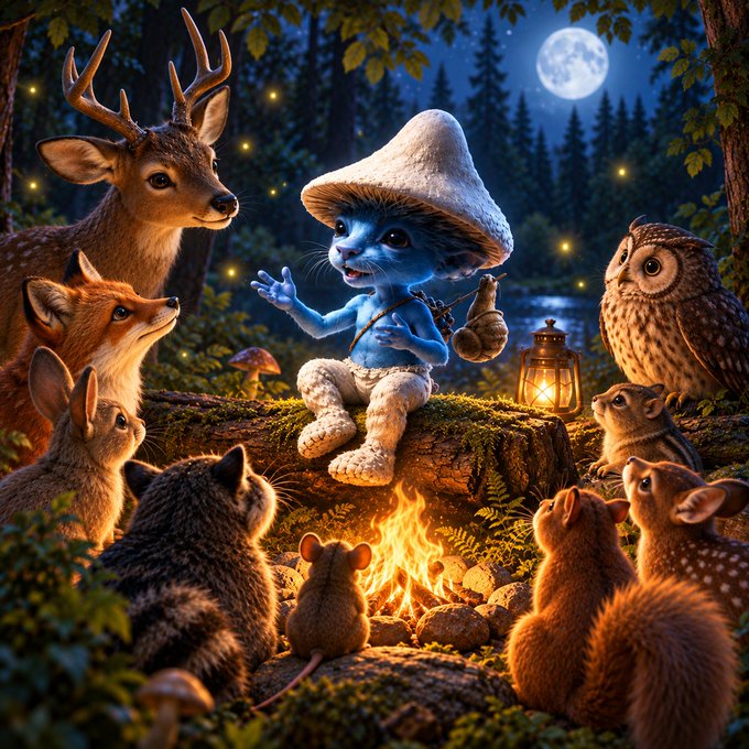 A fantasy illustration of a blue Smurf-like creature wearing a mushroom hat, sitting on a log and surrounded by woodland animals (deer, fox, owl, rabbits, squirrels) around a campfire under a full moon.