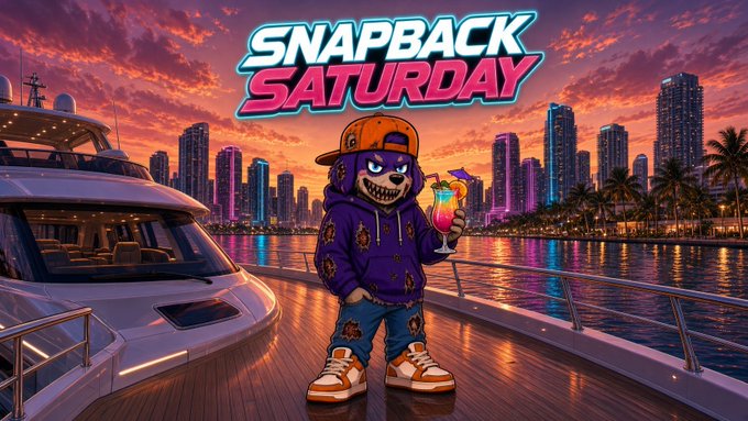 A vibrant promotional graphic for 'SNAPBACK SATURDAY' featuring a purple cartoon mascot wearing a cap and holding a tropical cocktail on the deck of a yacht, with a colorful city skyline at sunset in the background.