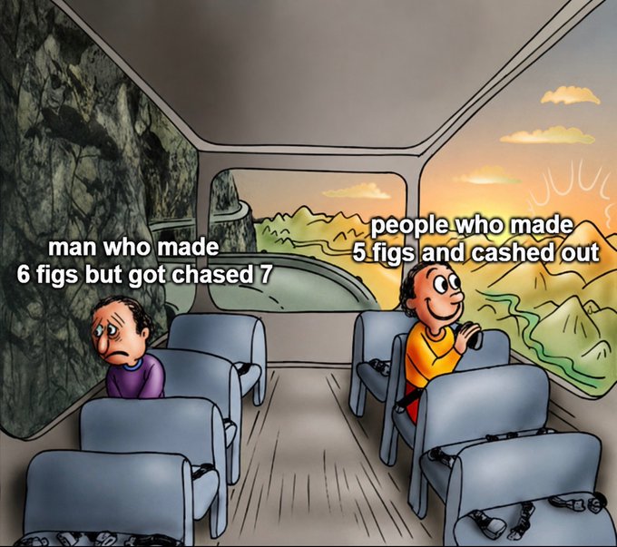 A meme depicting two men on a bus looking out opposite windows—one sees a dark, grim wall labeled "man who made 6 figs but got chased 7," while the other sees a bright, sunny landscape labeled "people who made 5 figs and cashed out," contrasting financial mindsets and outcomes.