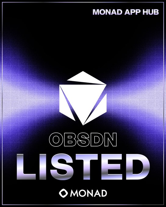 A sleek purple-gradient promotional graphic with a white geometric cube icon, reading "OBSDN LISTED" under the header "MONAD APP HUB" and featuring the Monad logo at the bottom—announcing that Obsdn Trade has been added to the Monad App Hub.