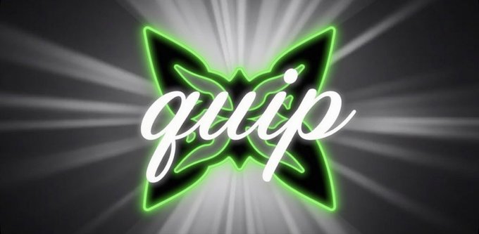 A logo graphic featuring the word 'quip' in white cursive text superimposed over a bright green neon butterfly shape, set against a background of radiating white light beams.