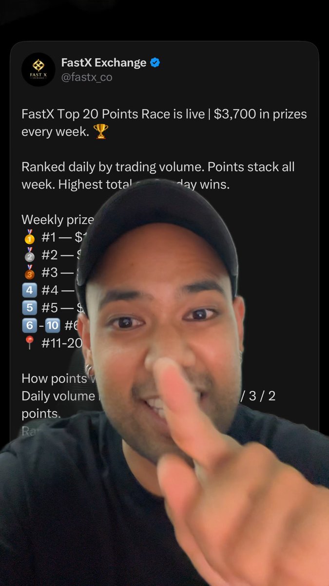 A man in a black cap points at the camera in front of a tweet from FastX Exchange (@fastx_co) announcing their Top 20 Points Race with $3,700 in weekly prizes ranked by trading volume.
