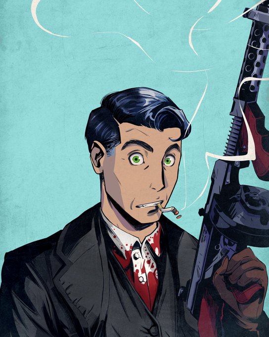 A stylized illustration of a sharp-dressed man with slicked-back black hair, blood-spattered tie, and wide green eyes smoking a cigarette while wielding a submachine gun, evoking the gritty, classic comic book aesthetic often associated with @MadLads NFT collectibles.