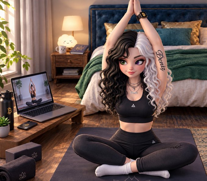 A stylized 3D-animated character with split black and white hair sits cross-legged on a yoga mat in a bedroom, wearing black athletic wear with 'Pure' written on her necklace, with a laptop showing a yoga video beside her.