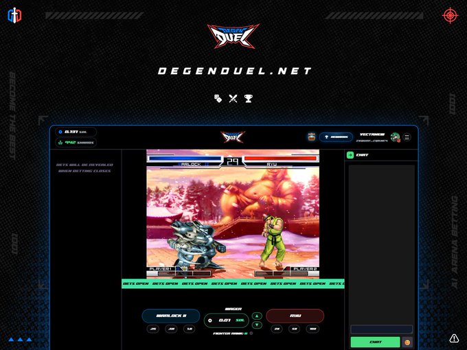A screenshot of the DEGENDUEL.NET website displays a betting interface for a fighting game match between players FROGG and 808.