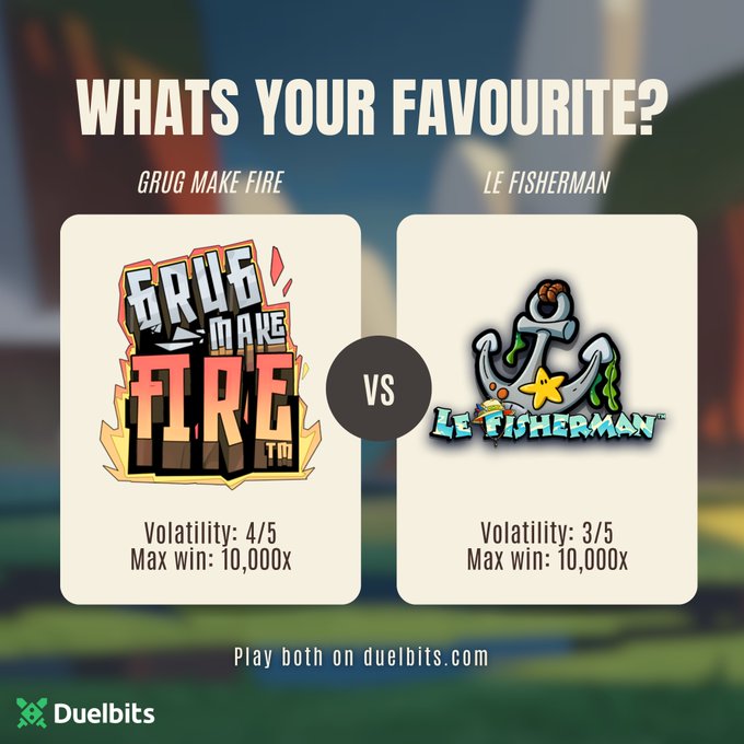 A promotional graphic for Duelbits asking "Whats your favourite?" between two games: "Grug Make Fire" (Volatility: 4/5, Max win: 10,000x) and "Le Fisherman" (Volatility: 3/5, Max win: 10,000x), both available at duelbits.com.