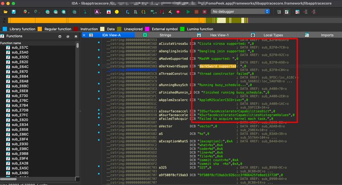 A screenshot of IDA Pro reverse engineering software analyzing libapptracecore, with a red box highlighting MTL features like 'cuda', 'vulkan', 'metal', and 'gpu' related strings.