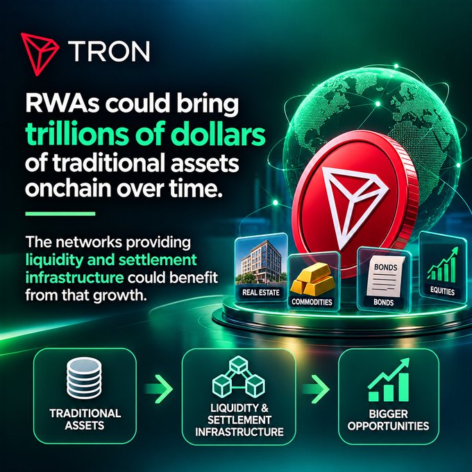 A TRON promotional graphic states 'RWAs could bring trillions of dollars of traditional assets onchain over time', featuring icons for Real Estate, Commodities, Bonds, and Equities.