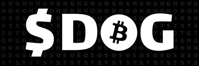 A graphic featuring the text '$DOG' in bold white letters with a Bitcoin symbol in place of the 'O', set against a dark patterned background.