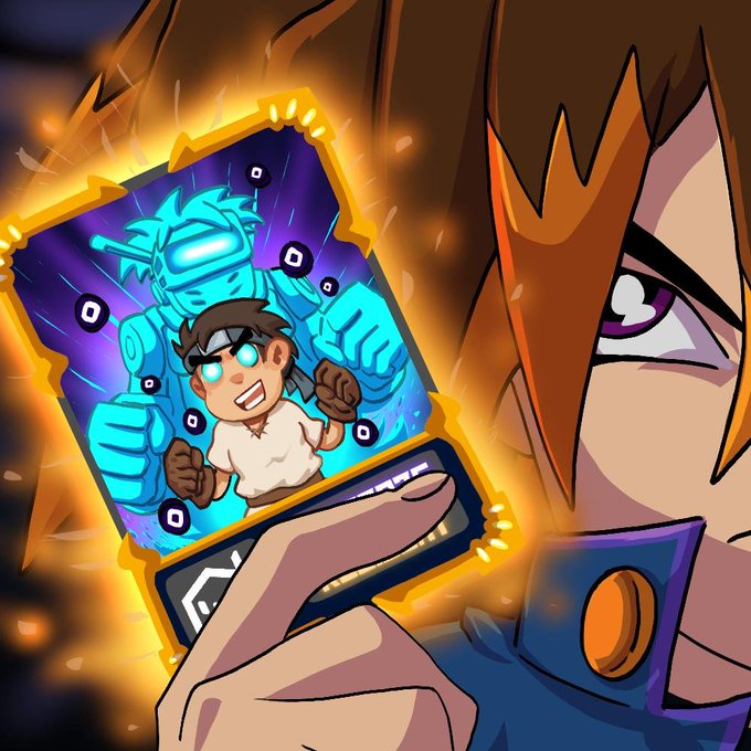 A character holds up a glowing trading card featuring a determined fighter with glowing blue eyes standing beside a large robotic figure, evoking the excitement of a gacha pull for a powerful NPC. The fiery card frame and intense close-up of the character's eye emphasize the thrill of collecting rare heroes, perfectly capturing the "which NPC are you pulling" energy.