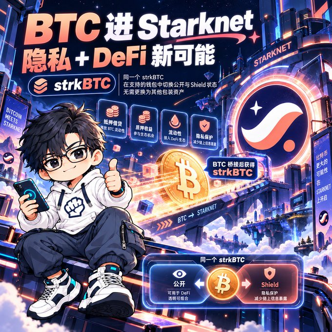 A vibrant promotional graphic for strkBTC, featuring a chibi character and text in Chinese 'BTC 进 Starknet, 隐私 + DeFi 新可能' (BTC enters Starknet, Privacy + DeFi new possibilities), explaining the benefits of the wrapped Bitcoin asset.