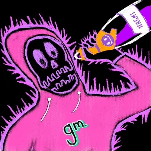 A pink hooded grim reaper figure holding a purple Monopoly board game piece labeled 'BISHOP'.