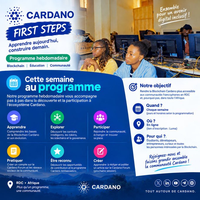 An informational poster for 'CARDANO FIRST STEPS' in French, detailing a weekly program (Programme hebdomadaire) for blockchain education in RDC and Africa, with sections on Learning, Exploring, Participating, Practicing, and Creating.