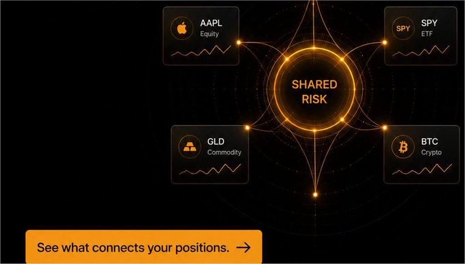 A financial visualization showing 'SHARED RISK' connecting four asset classes: AAPL Equity, SPY ETF, GLD Commodity, and BTC Crypto, with a call-to-action 'See what connects your positions.'