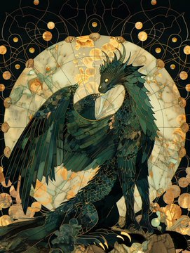 A digital illustration shows a majestic teal and black dragon-like creature with flowing, ornate feathers and wings, posed against a glowing circular backdrop surrounded by golden orbs. The artwork corresponds to one of the sold pieces, likely "Verdigris Sovereign," given the dragon's striking greenish-teal hues, celebrating its purchase by @habileimprint.