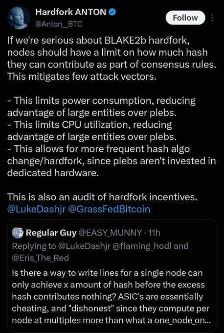 A tweet from Hardfork ANTON (@Anton_BTC) discussing BLAKE2b hardfork and proposing a limit on hash contribution per node to reduce attack vectors and mining centralization, with the accompanying post expressing disbelief at the idea of capping hash power at the protocol level.