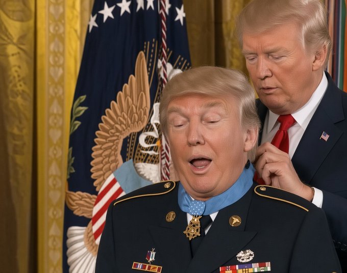In this image, Donald Trump places a medal around the neck of another Donald Trump, who appears to be overcome with emotion. This symbolizes the feeling of being rewarded or recognized, a stark contrast to the regret likely felt by the person who bought Bitcoin at $58k.