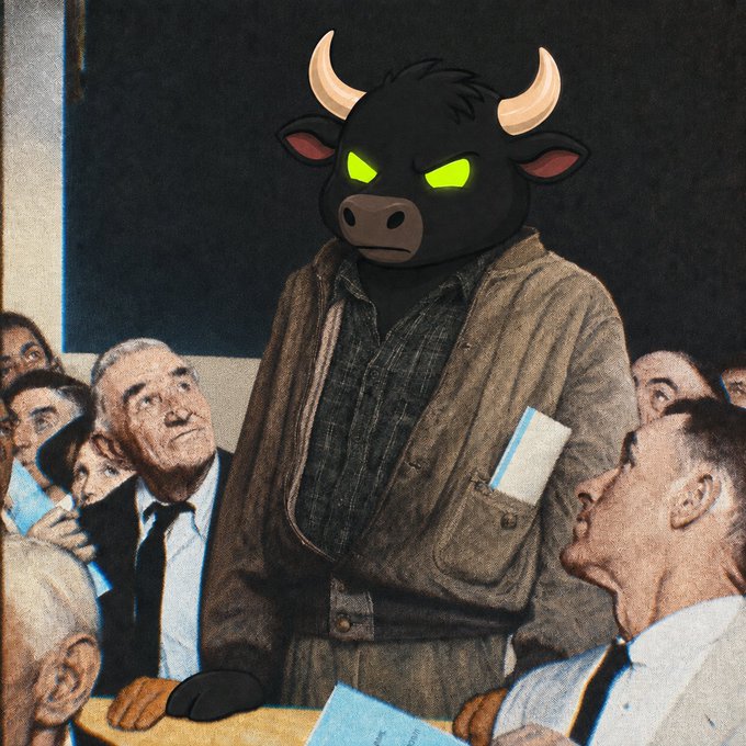 An illustration depicting a menacing figure with a black bull head and glowing green eyes wearing a brown jacket, standing among a crowd of people who appear to be looking up at it.