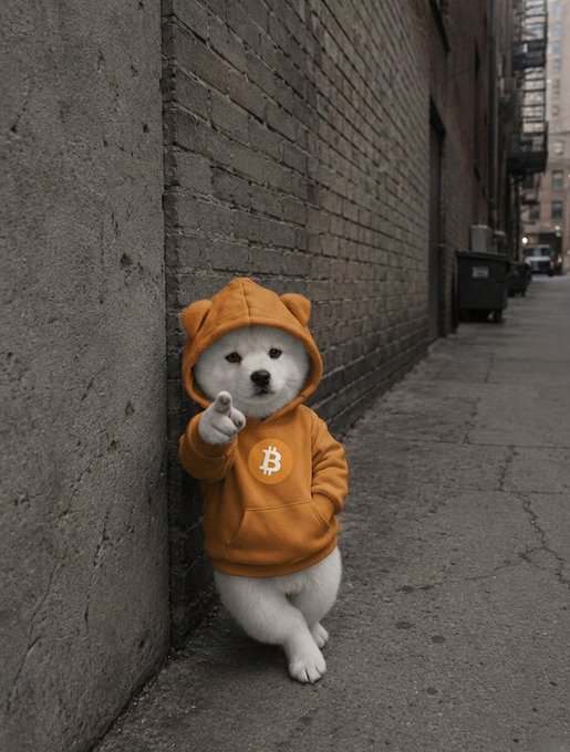 The image features a white dog wearing an orange hoodie with the letter "B" on its chest, standing on a sidewalk near a brick wall. The text accompanying the photo reads, "We Stay With $DOG through every red and green. Storm now ... Moon next". This suggests that the dog is associated with Bitcoin, possibly as a mascot or symbol for the cryptocurrency.