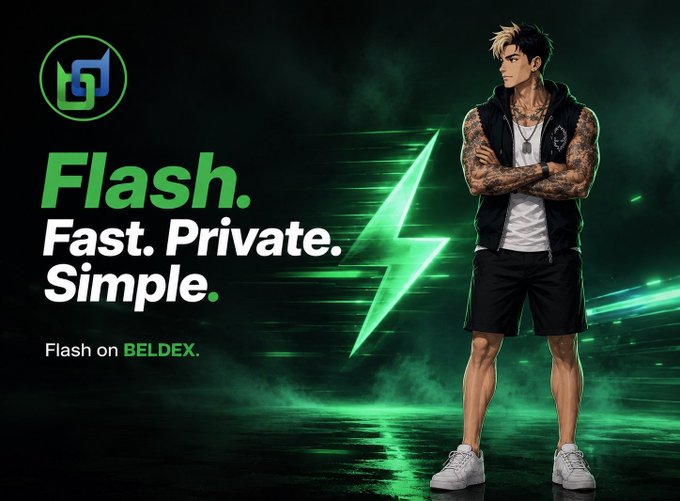 The image is a promotional graphic for Beldex's "Flash" feature, featuring a tattooed anime-style character standing beside the text "Flash. Fast. Private. Simple." and "Flash on BELDEX," all set against a dark green background with a glowing lightning bolt that visually represents the rapid, private transaction speeds described in the post.