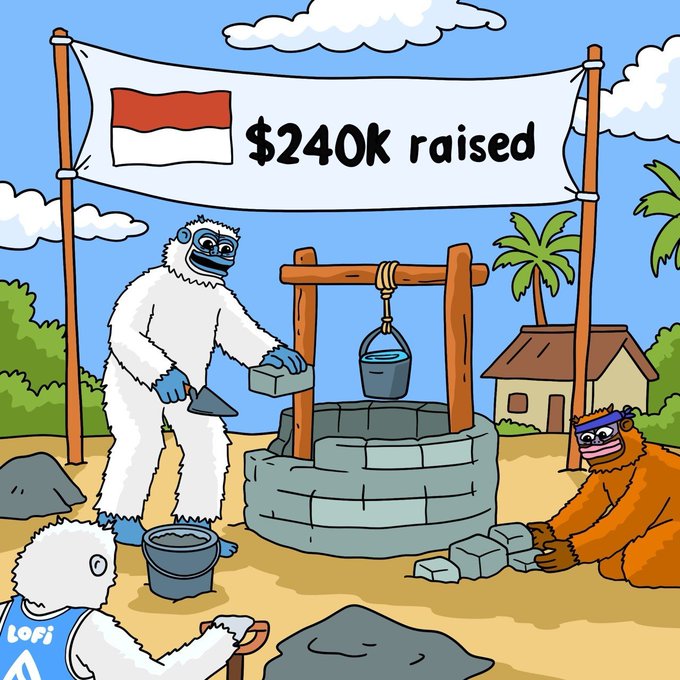 A cartoon illustration showing monkeys in gorilla suits and yeti-like characters at a tropical well-building site with a banner displaying an Indonesian flag and '$240K raised'.