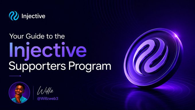 The image is a banner for "Your Guide to the Injective Supporters Program" featuring the Injective logo, a purple branded coin/medallion graphic, and a photo of creator Willz (@Willzweb3), promoting the program's accessibility and rewards tied to quality contributions rather than account size.