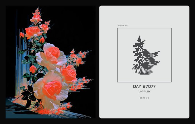 A side-by-side graphic contrasts an illustration of blooming red and white roses against a black background with a pixelated grayscale 'Normie #0' digital art piece labeled 'DAY #7077' and 'UNTITLED'.