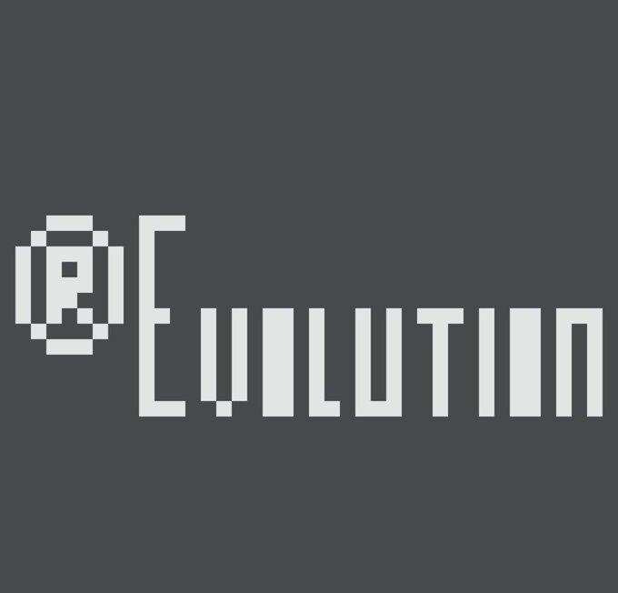 A logo displays the word 'Evolution' in a stylized pixelated white font next to a pixel art skull icon on a dark gray background.