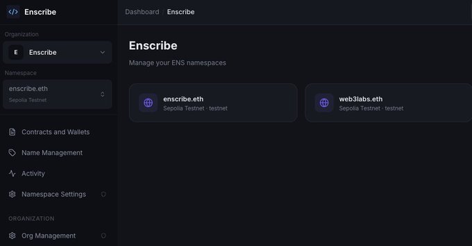The image shows an interactive dashboard of a web3 management tool called "@enscribe". It displays two tabs with the @enscribe icon and their respective namespaces. One tab is focused on the settings, while the other focuses on settings for the new name manager feature in the @enscribe_ platform. This feature enables users to easily manage their ENS and Namespaces using the intuitive interface provided by the dashboard.