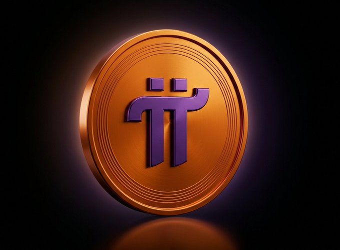 A 3D rendering of a gold Pi Network cryptocurrency coin with the purple Pi symbol, glowing against a dark background.