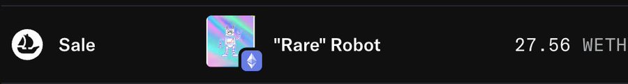 A digital listing showing a 'Rare' Robot NFT for sale at 27.56 WETH, with an Ethereum logo on the left.