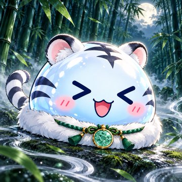 A cheerful, plump white tiger-like character with closed eyes and a happy expression sits among bamboo, wearing a green jeweled medallion—reflecting the Japanese-inspired, collectible aesthetic of the OSHI NFT generative collection referenced in the leaderboard promotion.