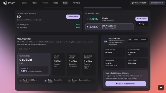 Screenshot of the Prism Earn interface showing the USDai sUSDai vault page with a 8.48% on-chain trailing APY, 0 sUSDai position, and $501.40M vault assets, alongside a Morpho Stablecoin USDC vault offering 2.38% APY. The interface highlights the Arbitrum-based sUSDai staking option for managing USDai deposits and earning yield, aligning with the post's mention of PrismFi Earn vaults on Arbitrum.