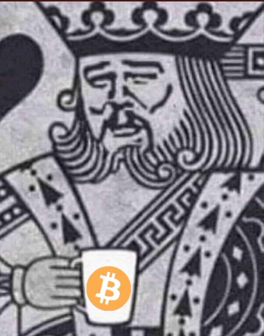 A black-and-white illustration of a king wearing a crown and robes, holding a mug displaying the Bitcoin (₿) logo.